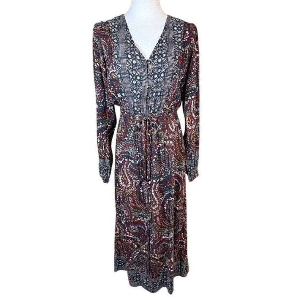 Knox Rose Womens‎ Medium Paisley Geometric V-Neck Drawstring Midi Dress Navy Red